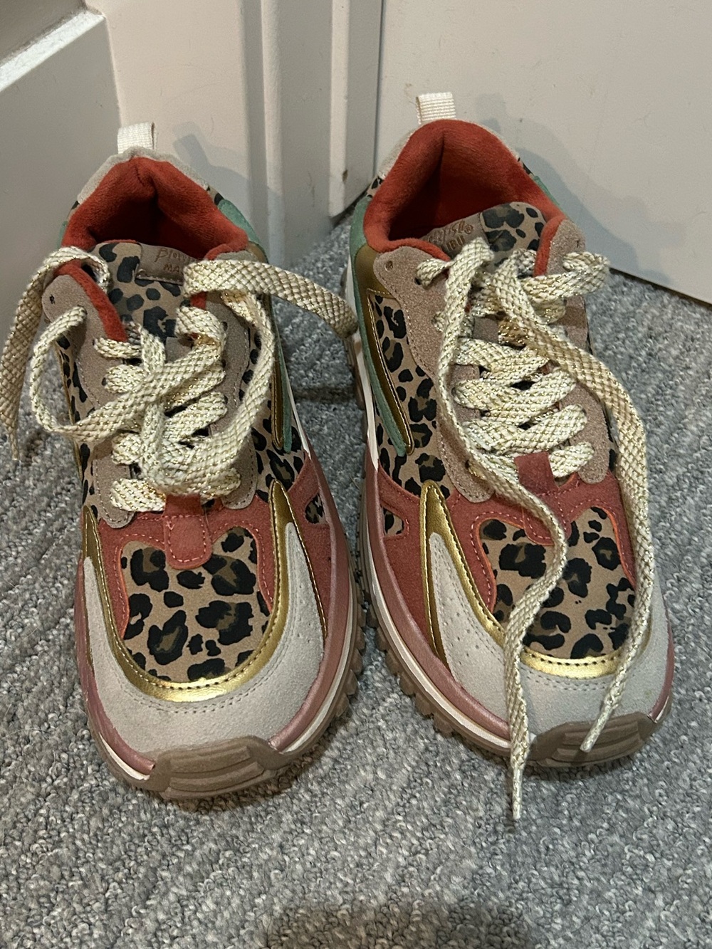 Women's Multi-Pattern Chunky Sneakers - Leopard Print & Rust